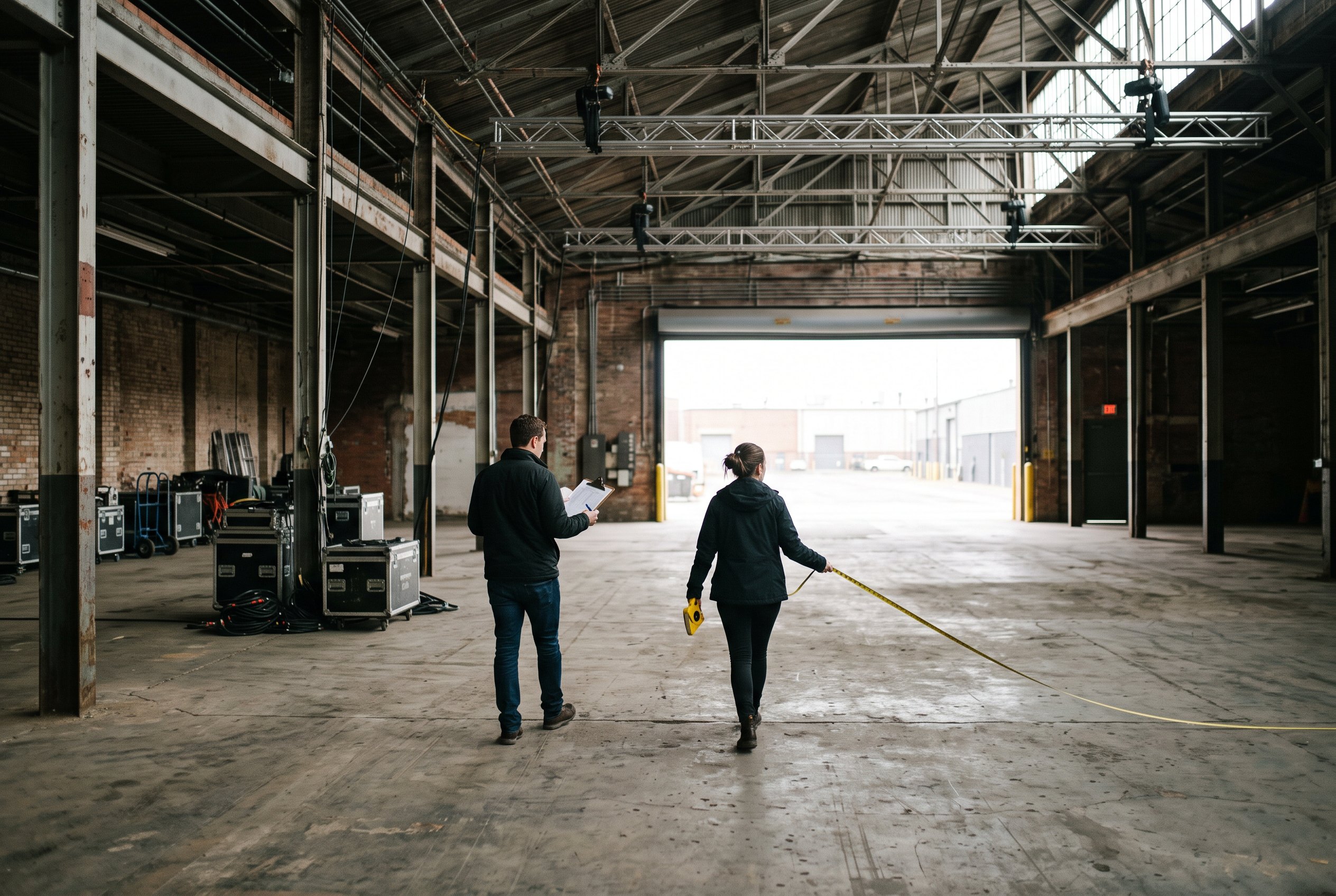 Two producers measuring an empty warehouse venue on a site visit